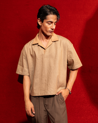 ‘Dune Drift’ Denim Polo with Wool Collar
