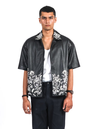 Leather Shacket with Handmade Pearl Embroidery