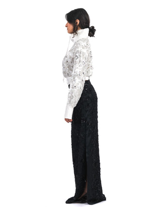 White Hand-Embroidered Pearl Silk Shirt with Stand Collar and Laces