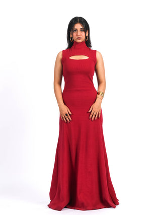 Red Ribbed Long Dress with Neckline Cutout