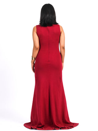Red Ribbed Long Dress with Neckline Cutout