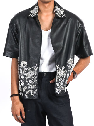 Leather Shacket with Handmade Pearl Embroidery