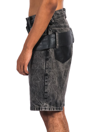 Washed Grey Denim Shorts with Leather Accents