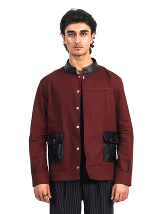 Leather-Collar Red Denim Shacket