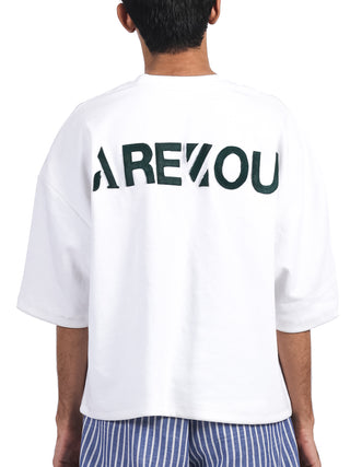 White Tee with Green Hair-On Leather Arezou Patch – Oversized Sleeves