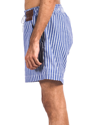 Coastal Stripe Cotton Shorts With Leather Patch