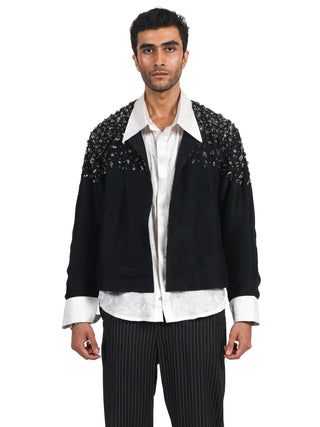 Black Silk Cardigan with Hand-Stitched Pearls