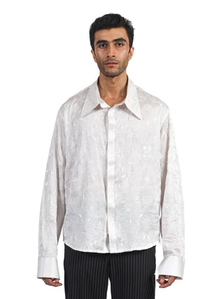 White Hand-Embroidered Floral Silk Shirt
