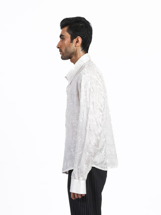 White Hand-Embroidered Floral Silk Shirt