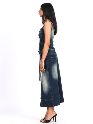Washed Buckle-Up Denim Bustier – Blue