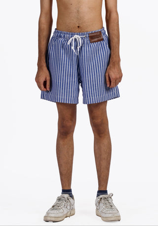 Coastal Stripe Cotton Shorts With Leather Patch