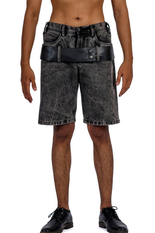 Washed Grey Denim Shorts with Leather Accents