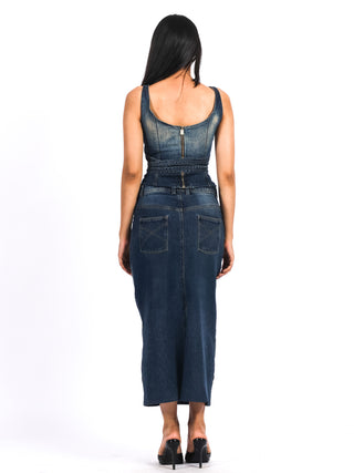 Washed Buckle-Up Denim Bustier – Blue