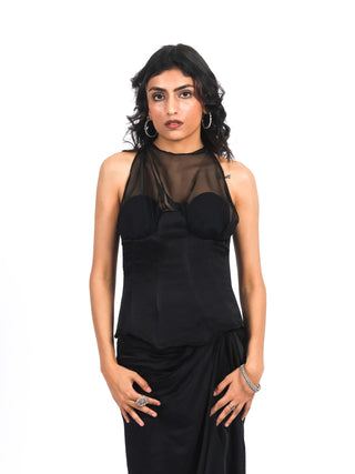 Black Silk Top with Chiffon Neck Strap