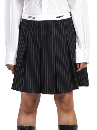 Black Wool Blend Pleated Skirt with White Pinstripes and Arezou Embroidery