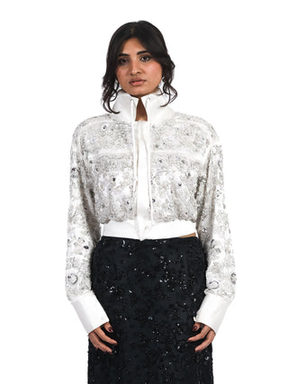 White Hand-Embroidered Pearl Silk Shirt with Stand Collar and Laces