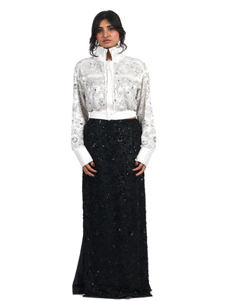 White Hand-Embroidered Pearl Silk Shirt with Stand Collar and Laces