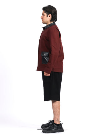 Leather-Collar Red Denim Shacket