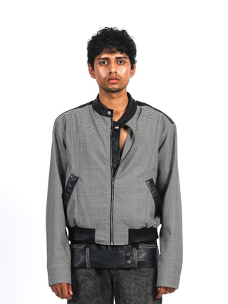 Houndstooth Bomber Jacket with Leather Trim