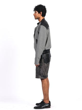 Houndstooth Bomber Jacket with Leather Trim