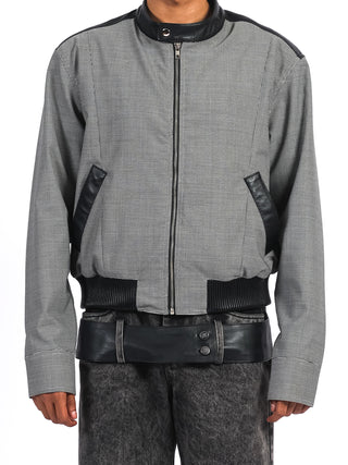 Houndstooth Bomber Jacket with Leather Trim