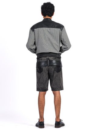 Houndstooth Bomber Jacket with Leather Trim