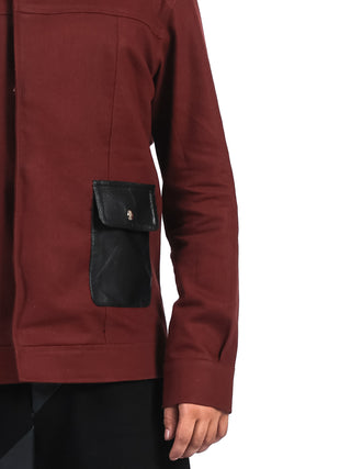 Leather-Collar Red Denim Shacket