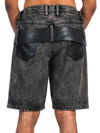 Washed Grey Denim Shorts with Leather Accents