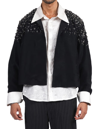 Black Silk Cardigan with Hand-Stitched Pearls