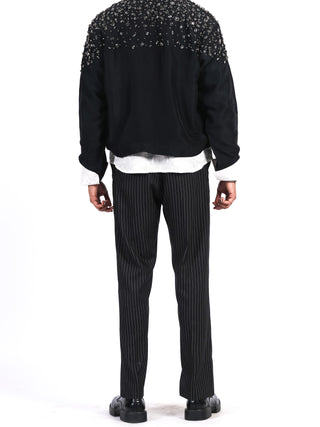 Black Silk Cardigan with Hand-Stitched Pearls