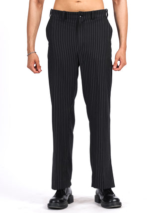 Classic Pinstripe Wool Trousers – Black