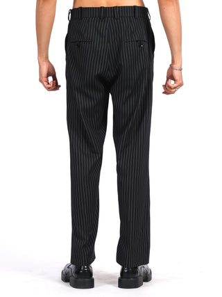 Classic Pinstripe Wool Trousers – Black