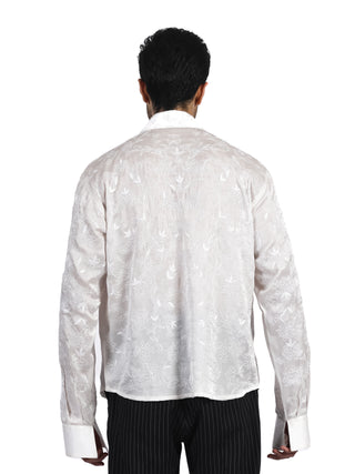 White Hand-Embroidered Floral Silk Shirt