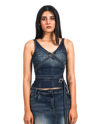 Washed Buckle-Up Denim Bustier – Blue