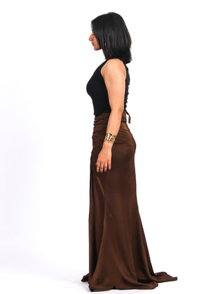 Mocha Brown Silk Long-Length Skirt with a Silk Body Strap