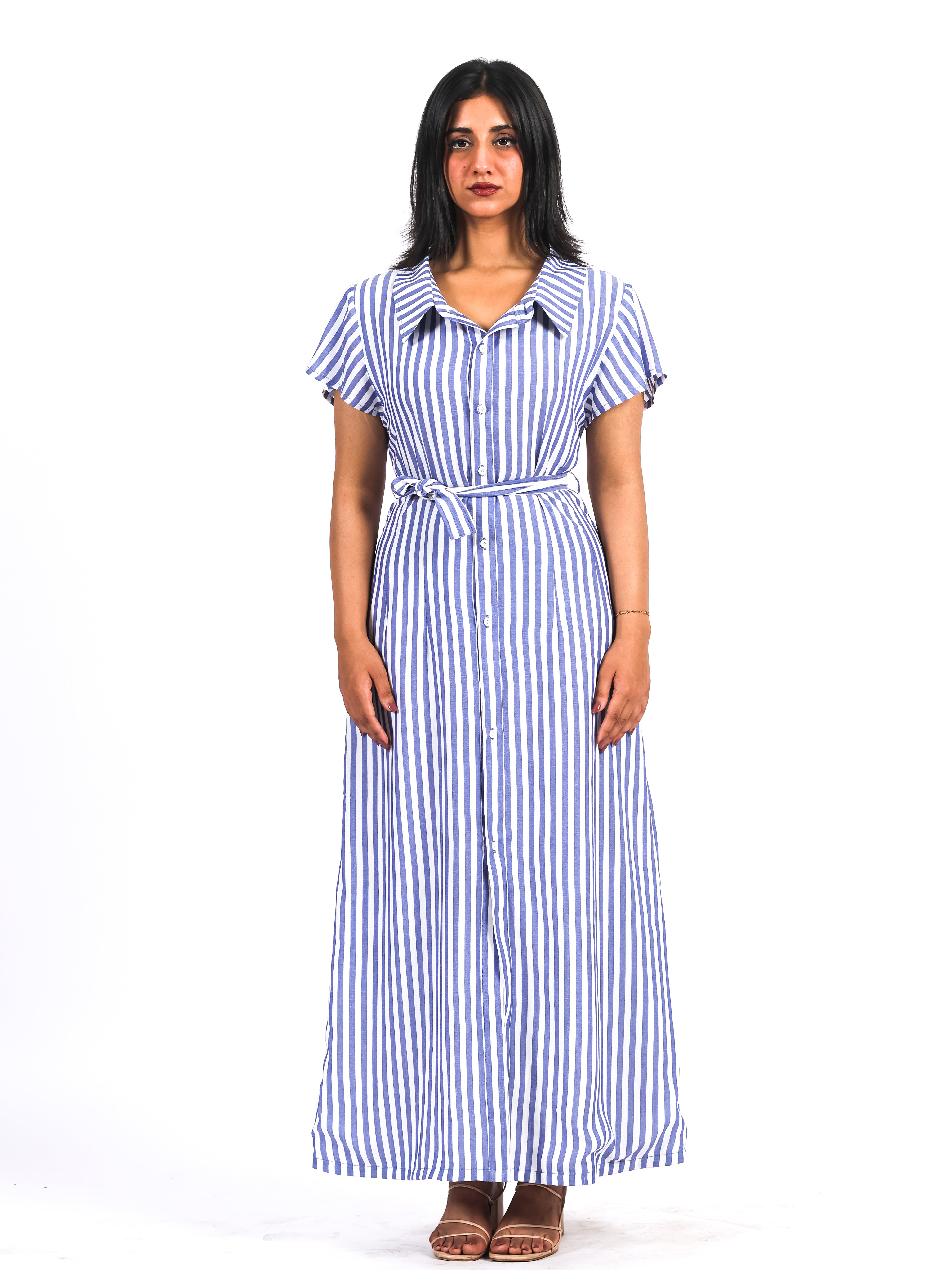 Blue White Stripe Long Dress – Arezou - Main Image
