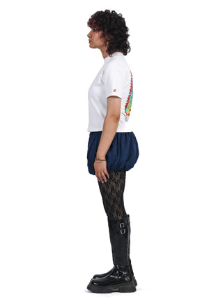 Ocean Blue Silk Balloon Skirt With Leather Patch