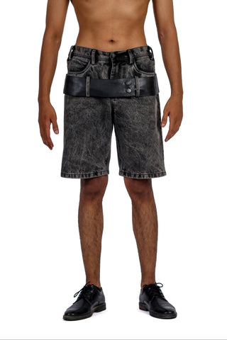 Washed Grey Denim Shorts with Leather Accents