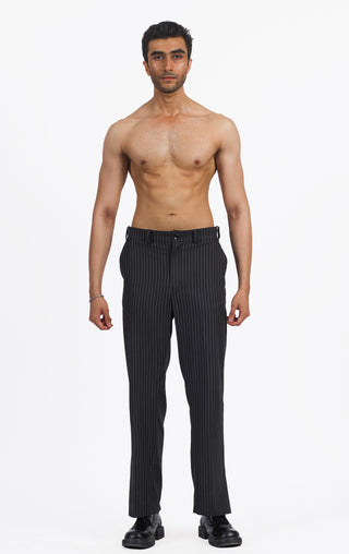 Classic Pinstripe Wool Trousers – Black