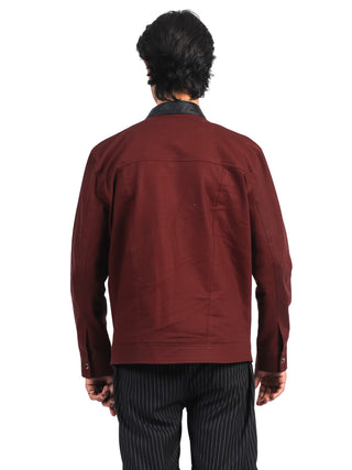Leather-Collar Red Denim Shacket