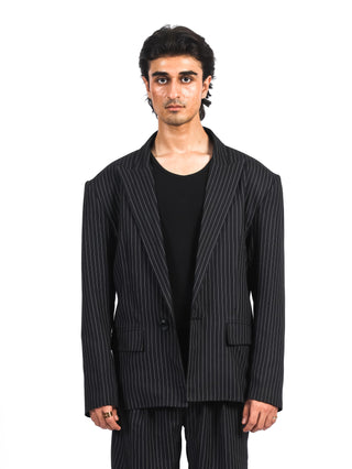 Retro Pinstripe Wool Blazer – Black