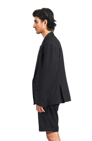 Retro Pinstripe Wool Blazer – Black